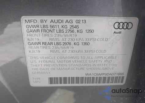 2013 Audi Q5 Hybrid 2.0T Prestige from USA, damaged, VIN WA1C8AFP9DA071885